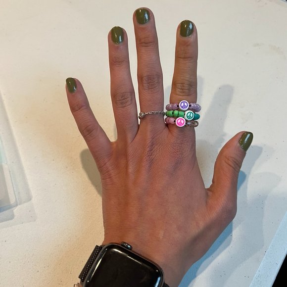 "PEACE SIGN" BEADED RING TRIO SET, ONE SIZE, LIME GREEN/ PURPLE/ PINK - Picture 3 of 3